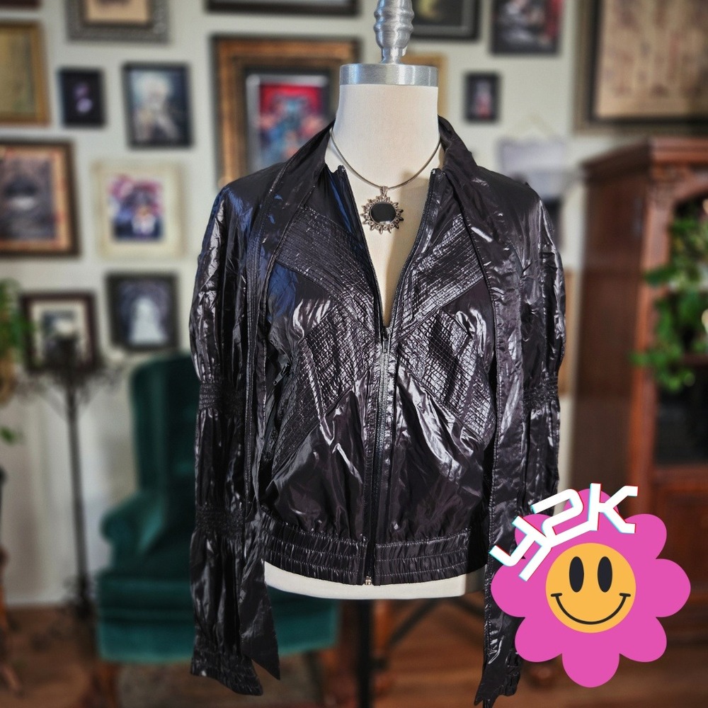 Vintage Y2K Aryn K Black Cropped Windbreaker Tie Neck Jacket Full Zip